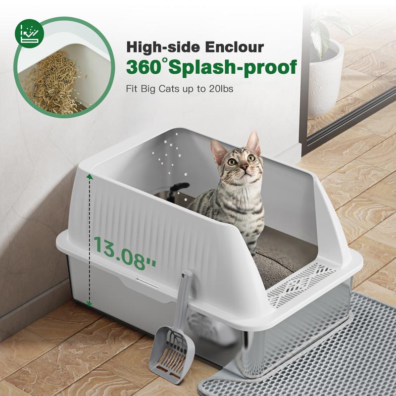 Petterm Stainless Steel Cat Litter Box with High Sides & Scoop