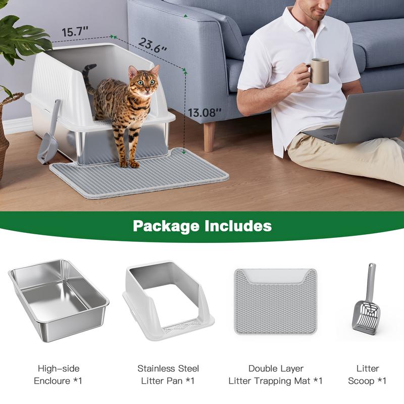 Petterm Stainless Steel Cat Litter Box with High Sides & Scoop